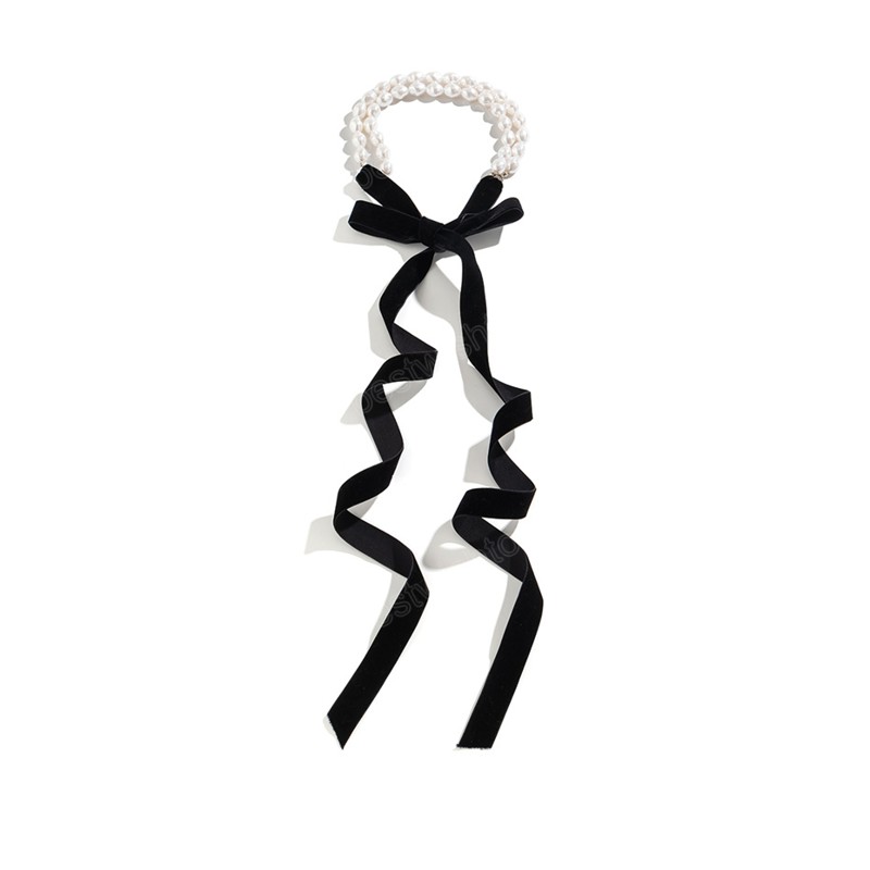 Lång bred svart sammet band choker halsband kvinnor gifter sig vintage imitation pärla justerbar bowknot hals smycken