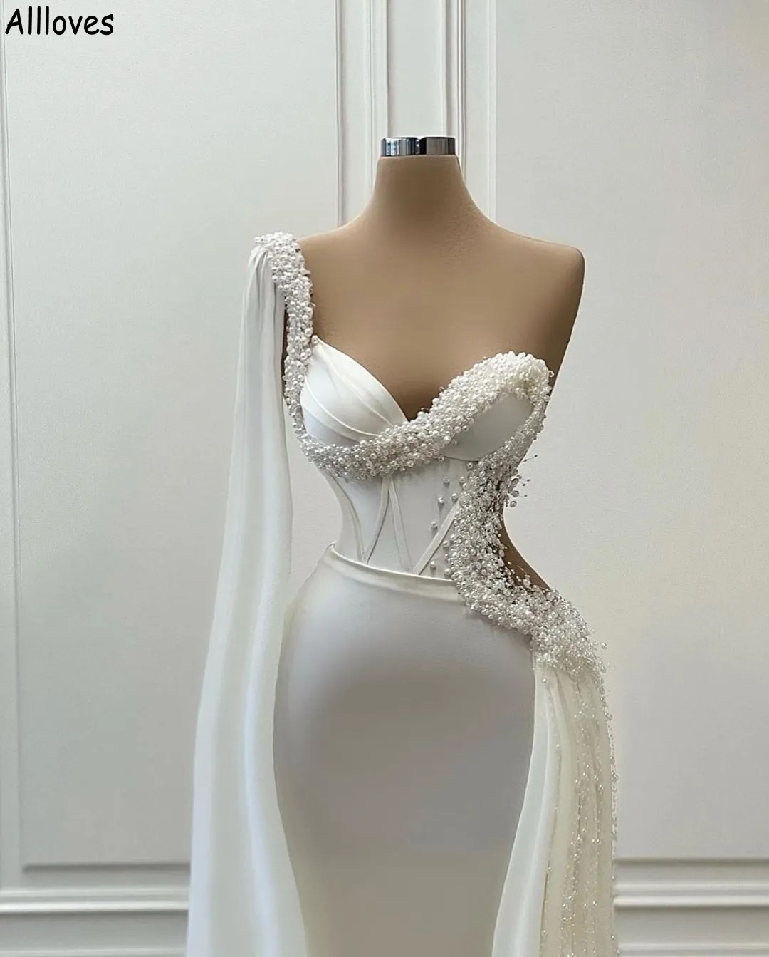 Pearls Beading Ivory Mermaid Wedding Dresses With Peplum Train Elegant One Shoulder Robes de Mariee Long Train Second Reception Party Dress For Bride Simple CL2225