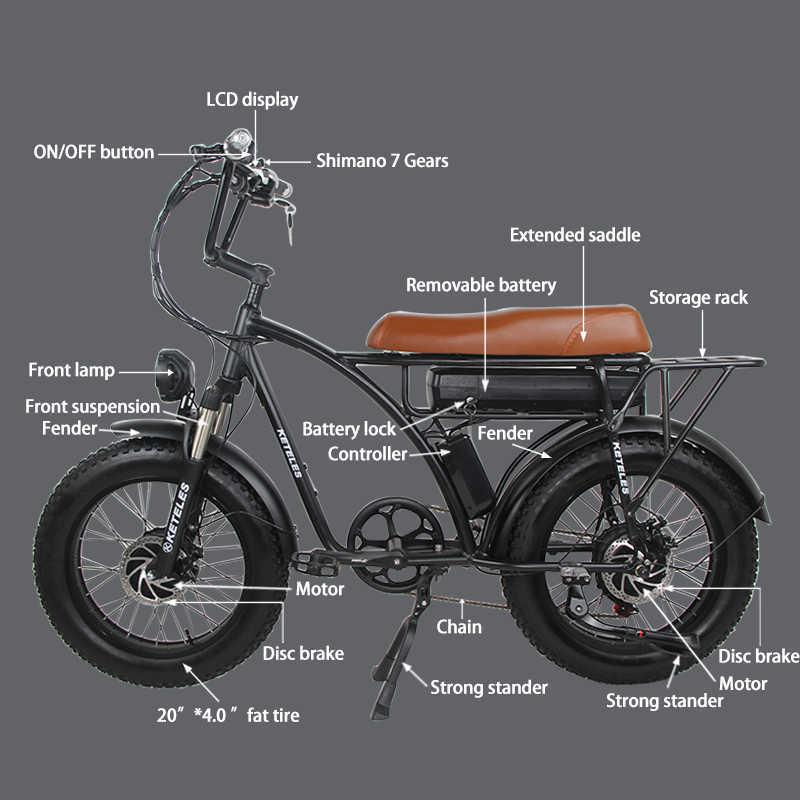 2000w elektrisk cykel bakre bakre dubbla navmotor 48v 17.5Ah Mountain Bike 20 tum Fat Ebike 4.0 Fat däck Snöelektrisk cykel