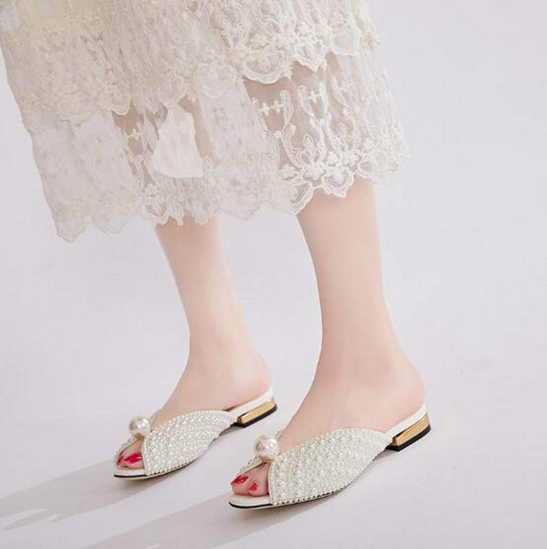 2023 Summer Princess White Pearls Sandals Women Fashion Peep toe Lady Slides Womens Slipper Big Size 35-42