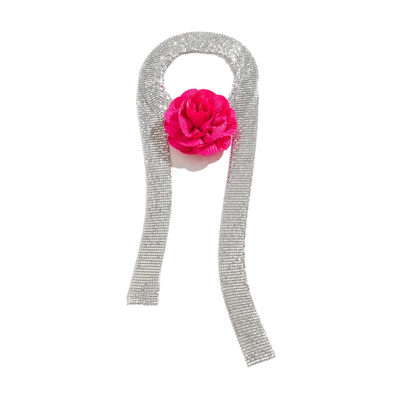 Collana lunga a catena in maglia di alluminio con sciarpa lunga donna Gioielli esagerati con collo girocollo regolabile con grande fiore rosa