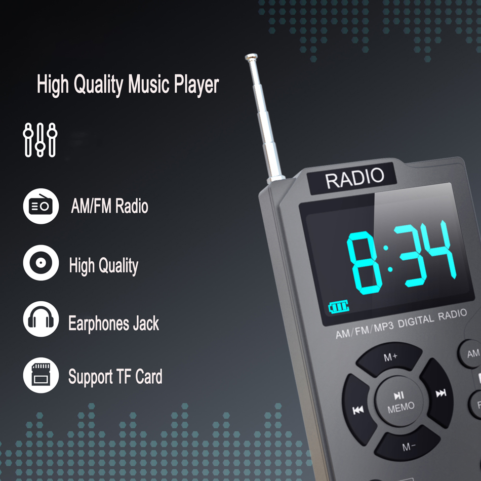 راديو محمول FM AM مزدوج Band Stereo Mini Radio Radiiver مع LCD Display Support TF Card Music Player مع سماعات الأذن MD-258