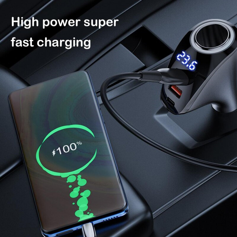 Bil 4 portar 100W PD Fast Charge Charger Car USB Multifunktion Digital Display QC laddning Universal Cigarettändare Adapter med detaljhandelspaketet