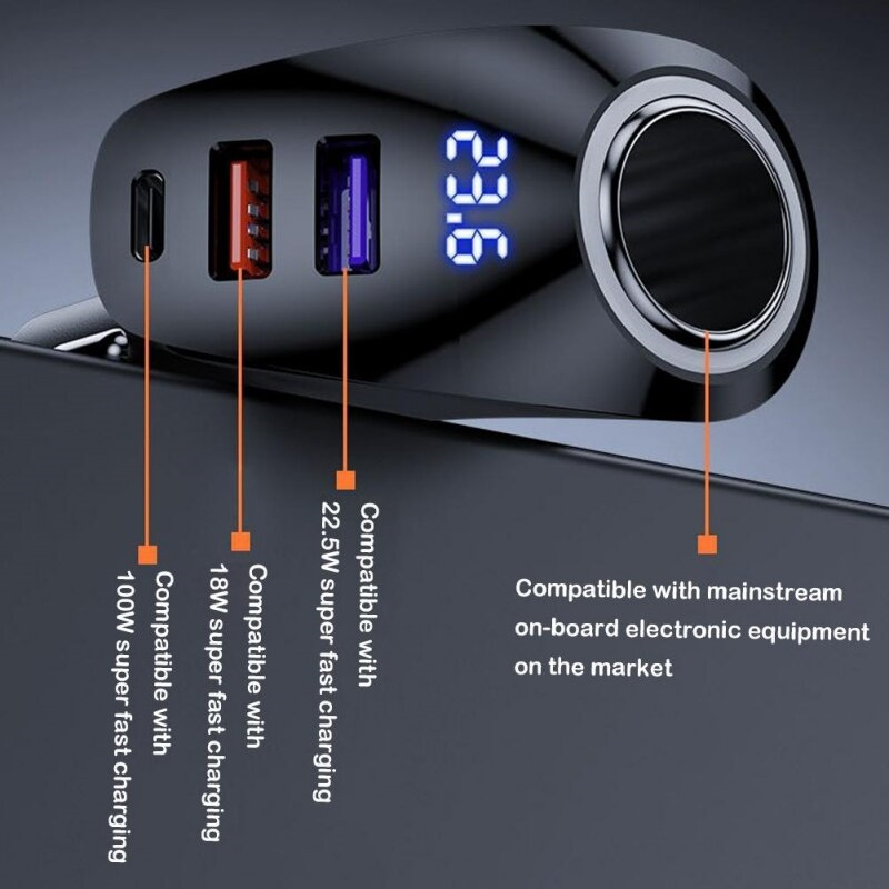 Bil 4 portar 100W PD Fast Charge Charger Car USB Multifunktion Digital Display QC laddning Universal Cigarettändare Adapter med detaljhandelspaketet