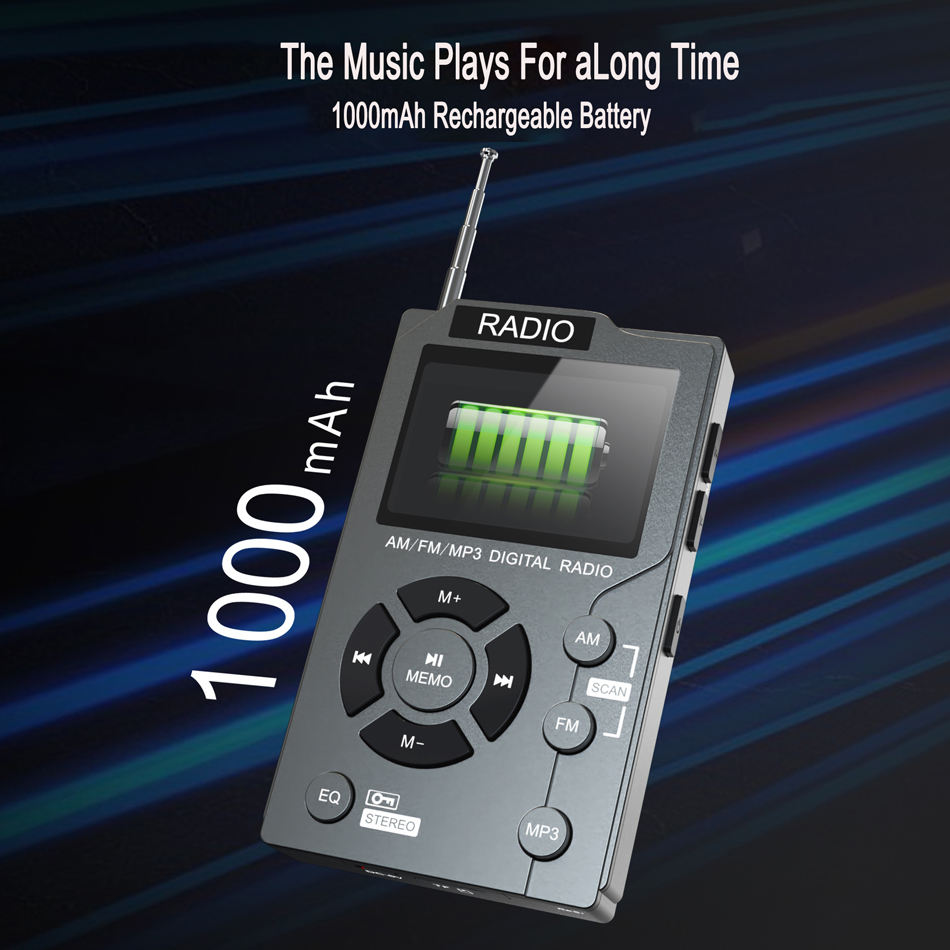 Rádio portátil FM am Dual Band Stereo Mini Pocket Radio Receiver com LCD Display Support Tf Card Music Player com Earphones MD-258