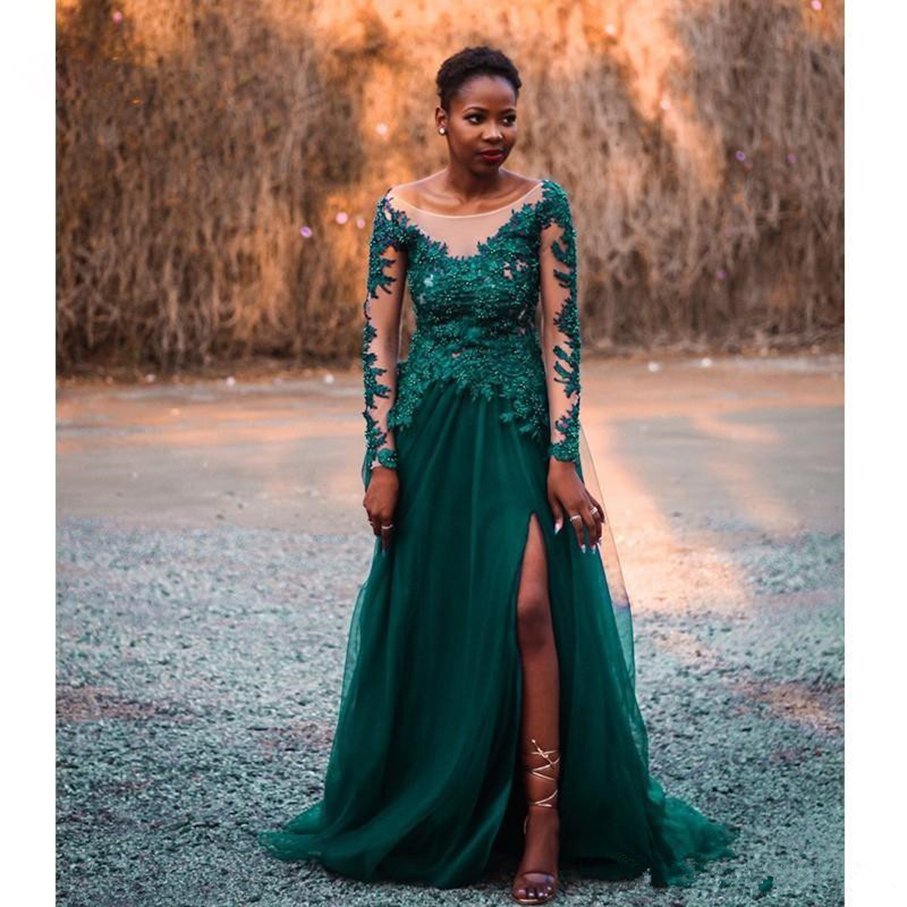 Emerald Green Tulle formella balklänningar 2021 Långa a-line afrikanska afrikanska aftonklänningar Långt Sleve-applikationer Beaded ben slits middagsklänning