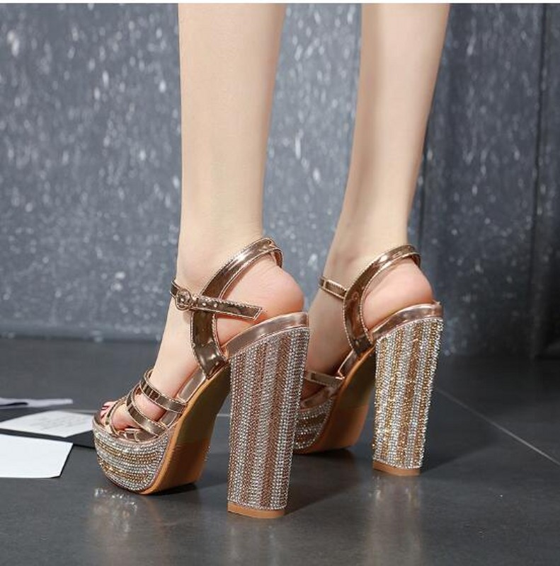 Champagne Platform Sandals Women Summer Rhinestone Lady High heeled Women Gladiators Shoes