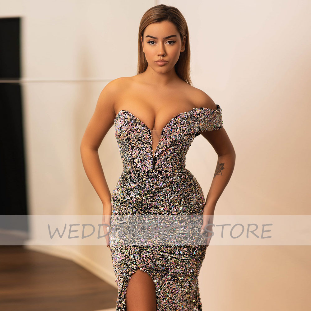 Sparkly Multi Prom Dress Off Shoulder Sweetheart Mermaid Prom Jurk Long Sexy Thigh Slit Formele feestjurken voor vrouwen