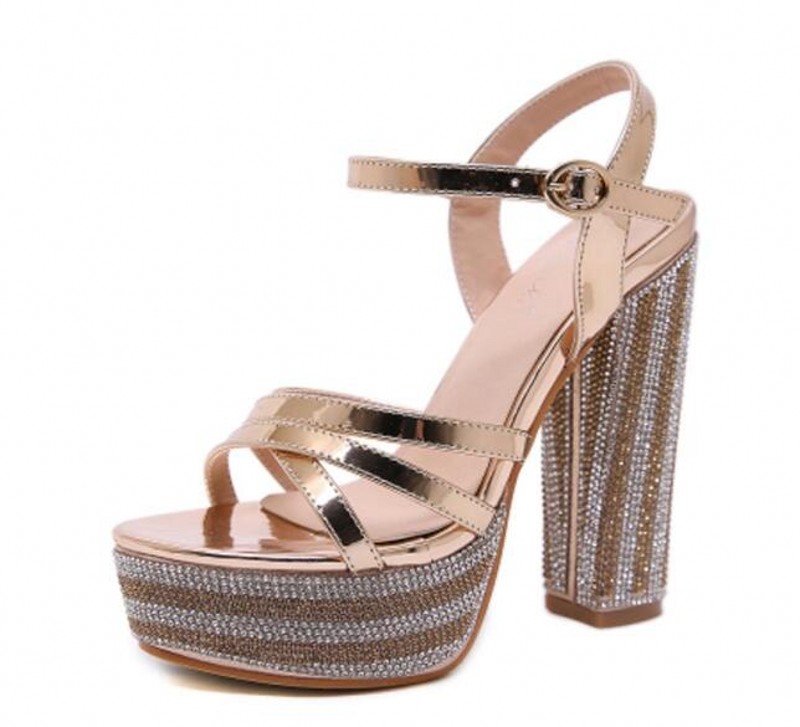 Sandali con plateau champagne Scarpe da gladiatore da donna con strass estivi da donna con tacco alto