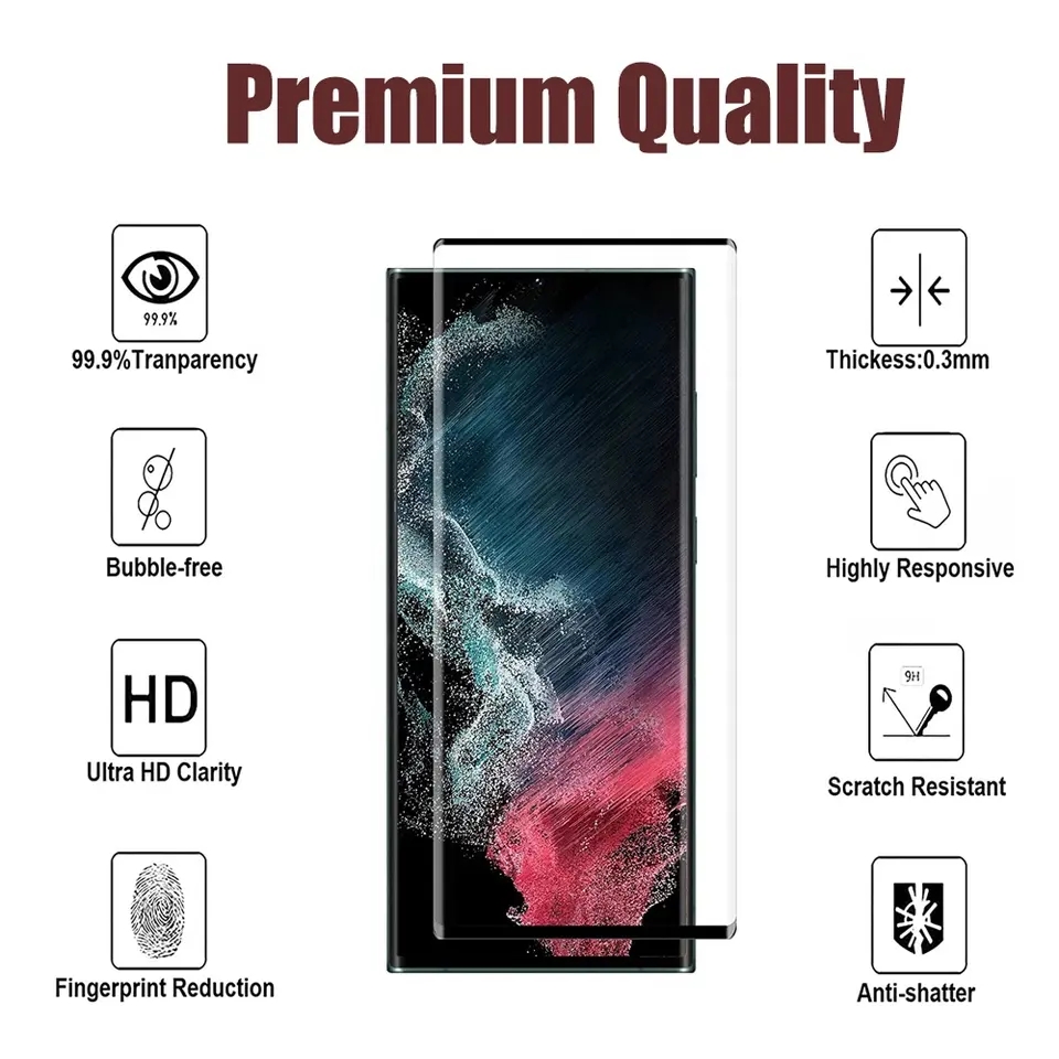 Protecteur d'écran Edge Glue de haute qualité en verre trempé pour Samsung Galaxy S23 S22 S21 S20 Utral S9 Note 20 10 S8 Plus Mate 30 Pro 3D incurvé