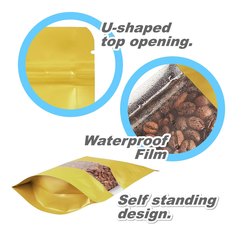 Guld Stand Up Matte Aluminium Foil Self Seal Påsar med tydliga fönstervärmesförslutningsbara återförslutningsbara påse för matlagring LX4327