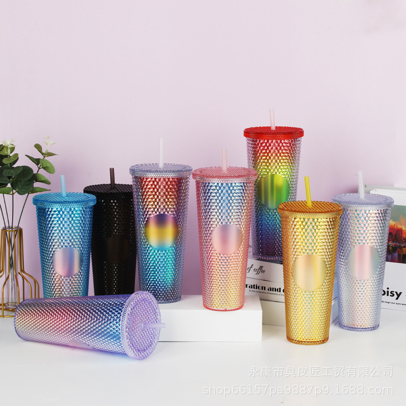 Double-layer Plastic Straw Cup with Large Capacity Creativity 710ml Durian Cup, Tie-hand Mugs Portable Diamond with Lid and Straw