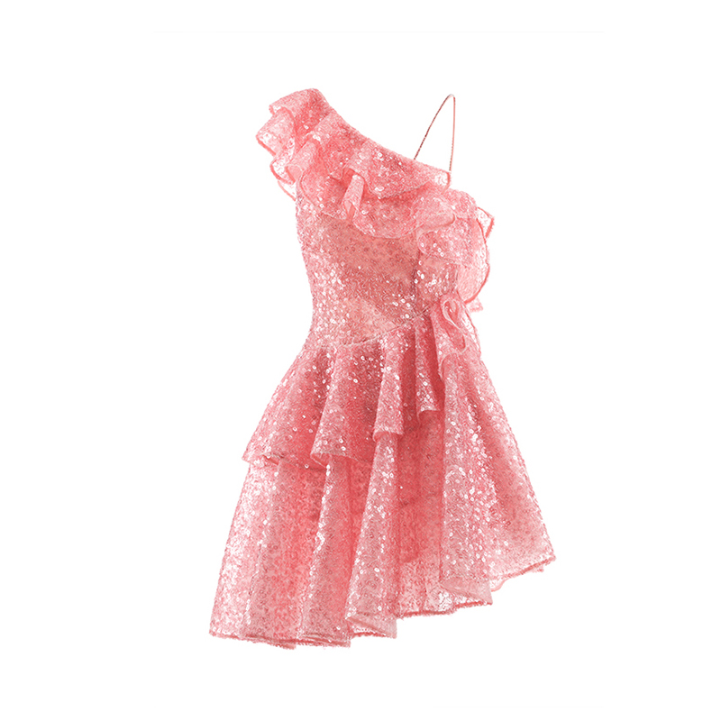 Vestidos de fiesta sexis de un hombro con volantes para mujer, vestidos asimétricos de cintura delgada con lentejuelas brillantes de color rosa SMLXL