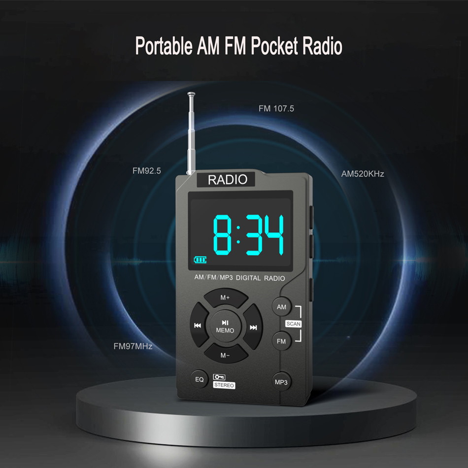 راديو محمول FM AM مزدوج Band Stereo Mini Radio Radiiver مع LCD Display Support TF Card Music Player مع سماعات الأذن MD-258