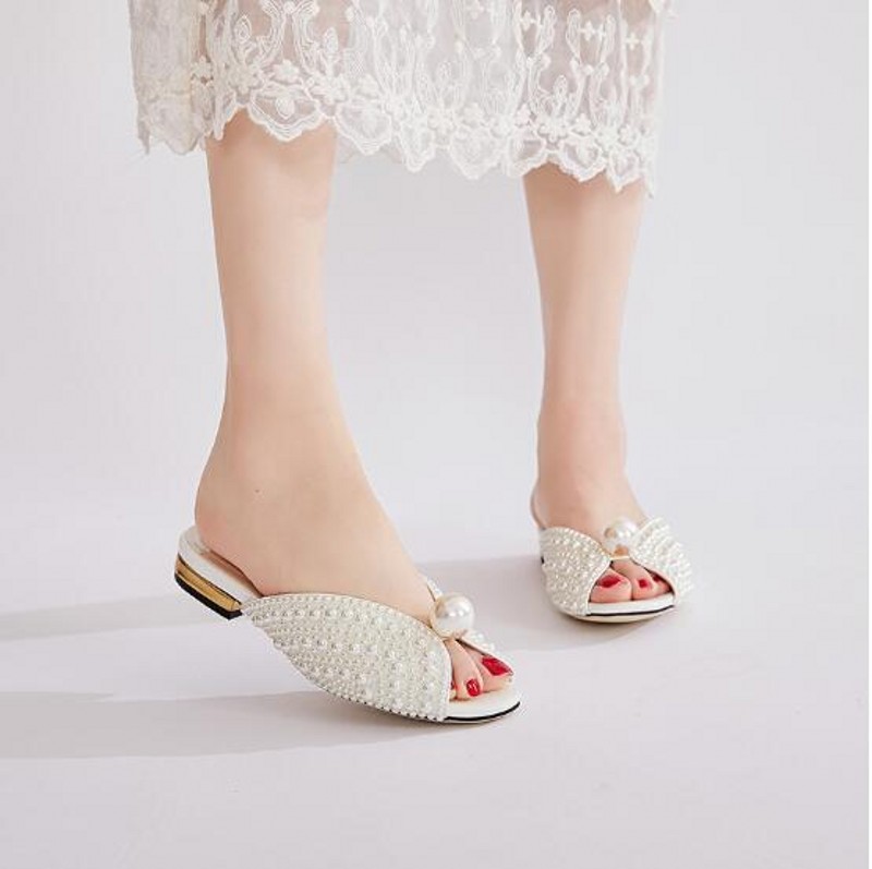 2023 Summer Princess White Pearls Sandals Women Fashion Peep toe Lady Slides Womens Slipper Big Size 35-42