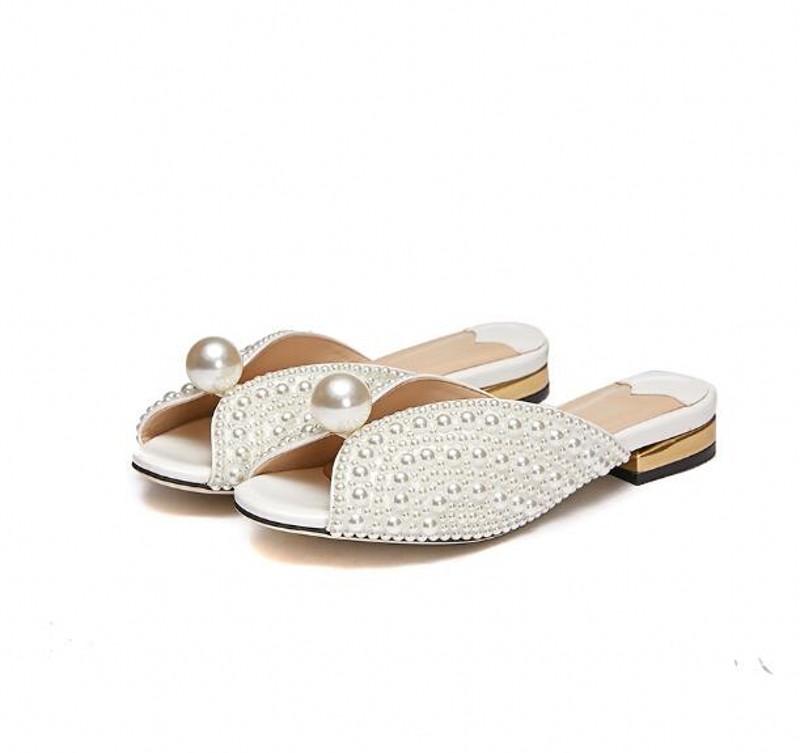 2023 Summer Princess White Pearls Sandals Women Fashion Peep toe Lady Slides Womens Slipper Big Size 35-42
