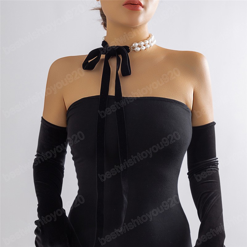 Lång bred svart sammet band choker halsband kvinnor gifter sig vintage imitation pärla justerbar bowknot hals smycken