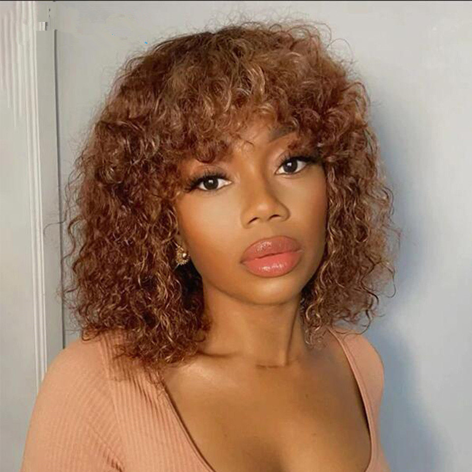 Ali express heiße farbige kurze Afro Kinky Curly Bob Echthaar Pony Perücke für Frauen leimloses brasilianisches Remy Haar Ombre Brown lose tiefe gewellte Perücken ohne Spitze