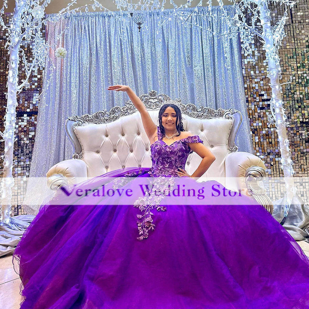 Princesse Violet Hors Épaule Robe De Bal Quinceanera Robes Appliques Fille Mexicaine Fête D'anniversaire Sweet 16 Robe