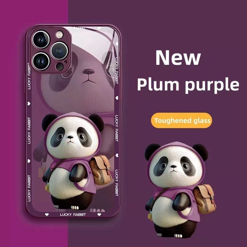 Coque de téléphone officielle Panda en verre pour iPhone 14 15 7 8plus 7G 8G SE X XR XS XSMAX 11 12 13 14promax, caméra de dessin animé, protection arrière antichoc