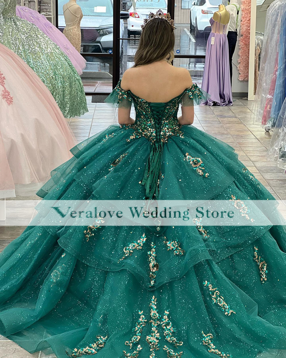 Dark Green Mexi Princess Quinceanera Dresses 2023 Off Axel paljetter Sweet 15 16 Dress Ball Gown Prom Clows