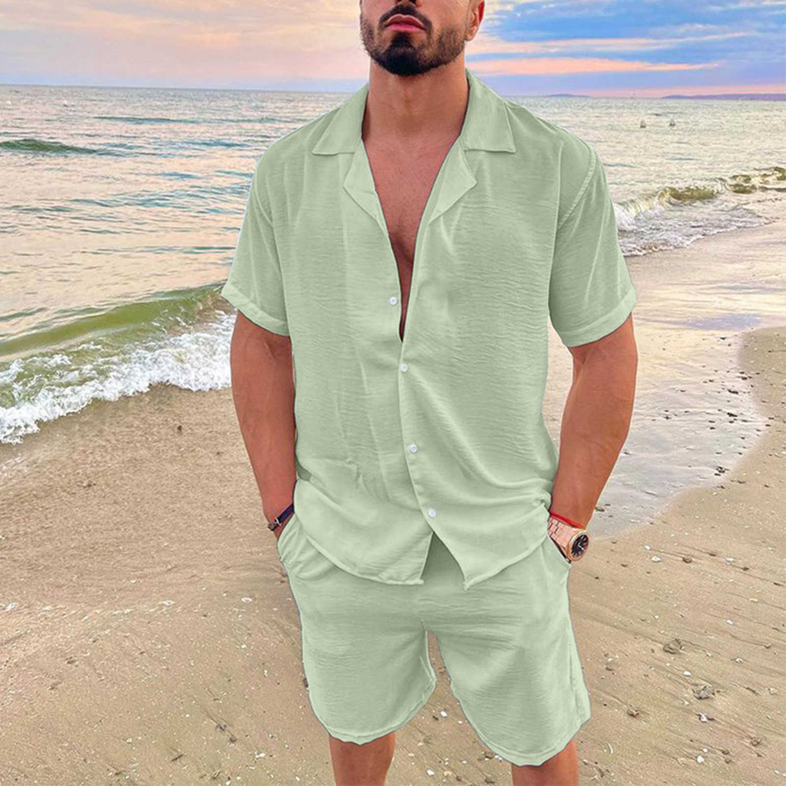 Men's Hoodies & Sweatshirts 2023 Hawaiian Men's Summer Polo Collar Cotton Linen Solid Short Sleeve Shorts