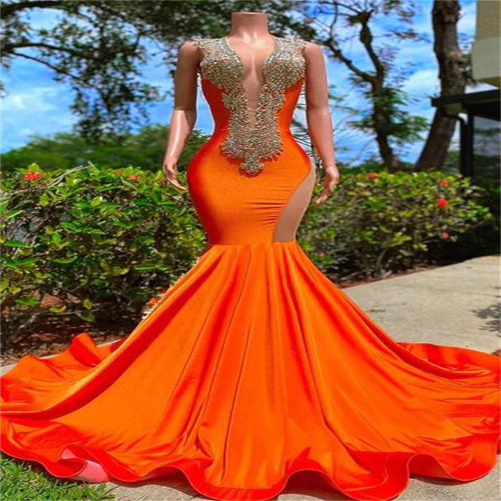 Sexy Green Evening Dress With Crystal Elegant Mermaid Black Girls Prom Orange Dress 2023 Open Back Women Birthday Party Gowns Formal Occasion Birthday Gowns Chic