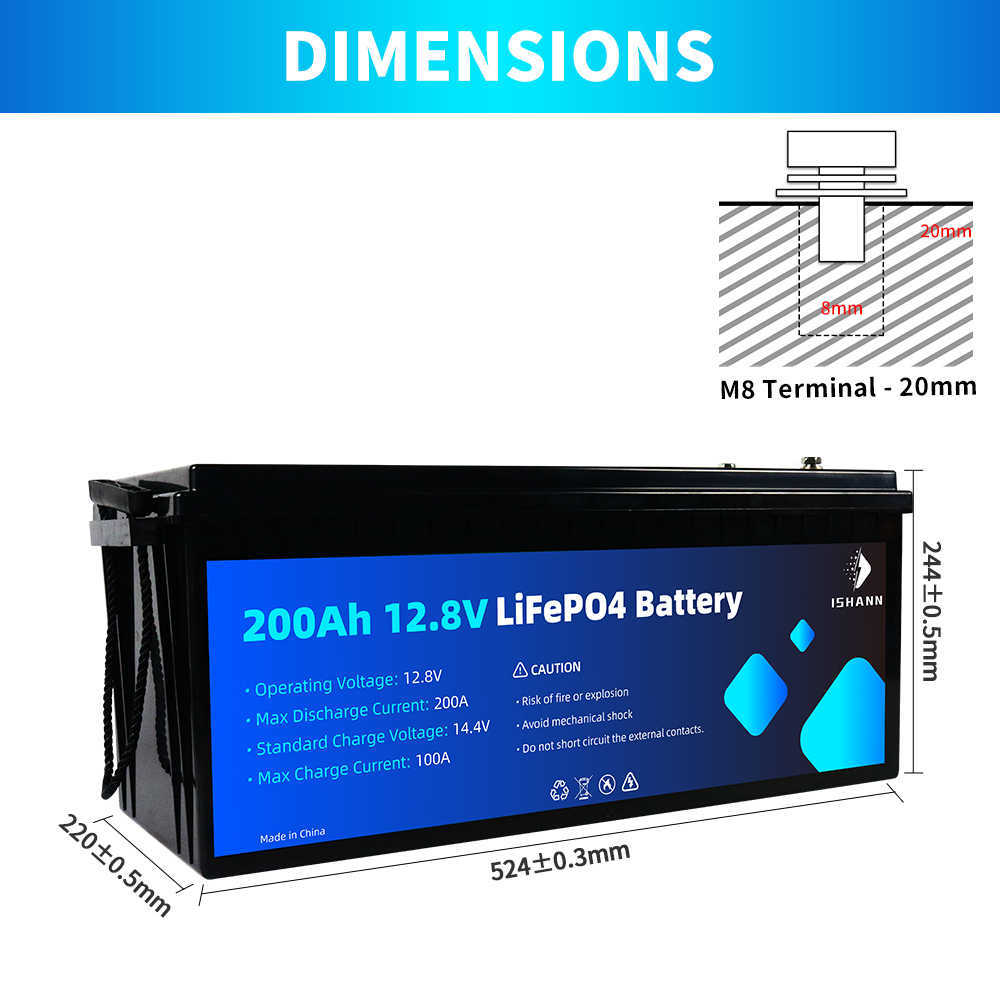 등급 A 12V 200AH LIFEPO4 배터리 팩 2560WH 내장 BMS 12.8V EV RV 골프 카트 하우스 트롤링 모터 용 충전식 배터리