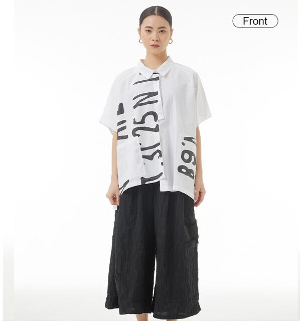 日本の不規則なスプレッチ半袖シャツ2023夏の新しい大きな女性用ルーズプリントシャツ