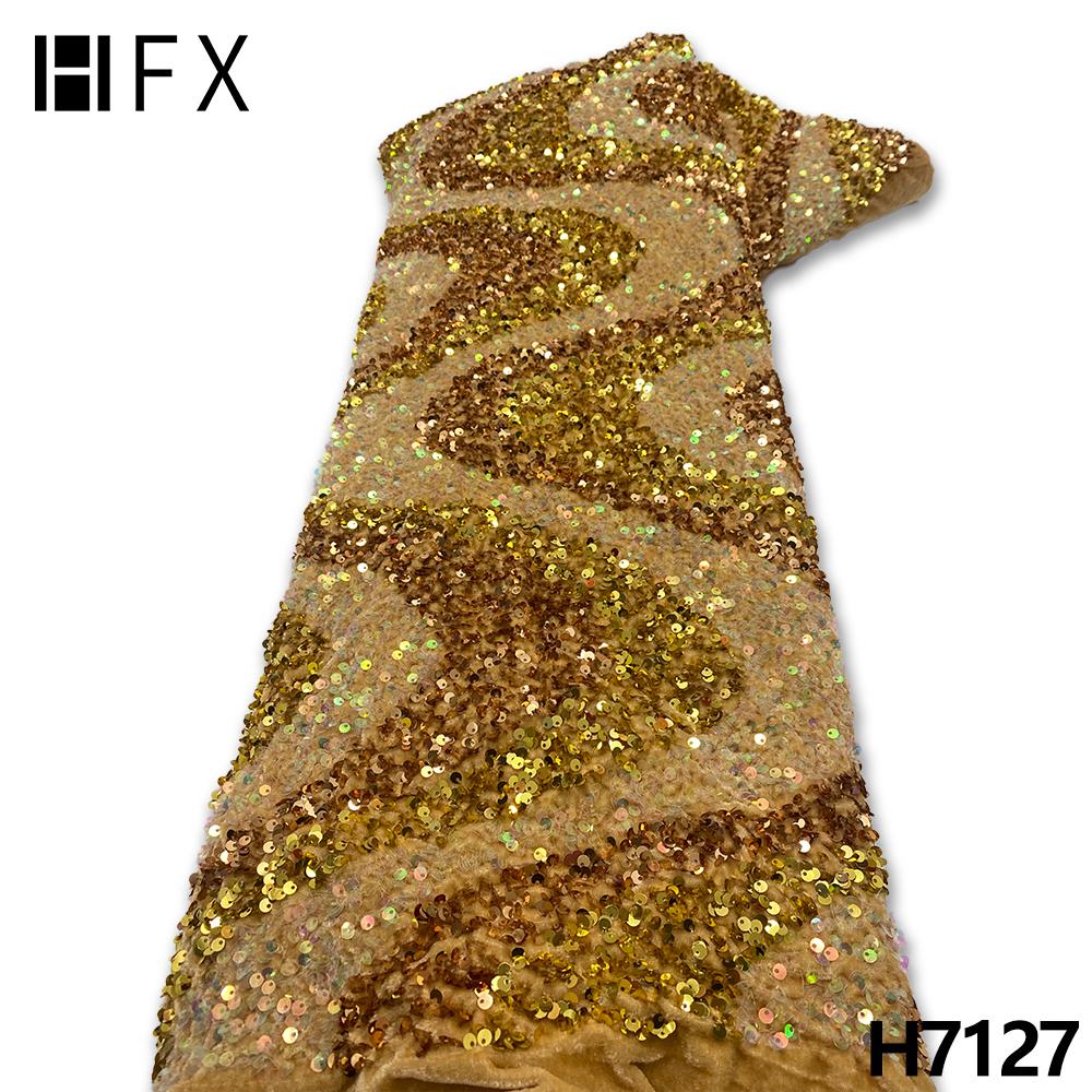 Stoff HFX 2022 Hohe Qualität Gold Nigerian Afrikanischen Pailletten Samt Spitze Stoff Stickerei Für Nigerianischen Hochzeit Party Kleid Nähen H7127