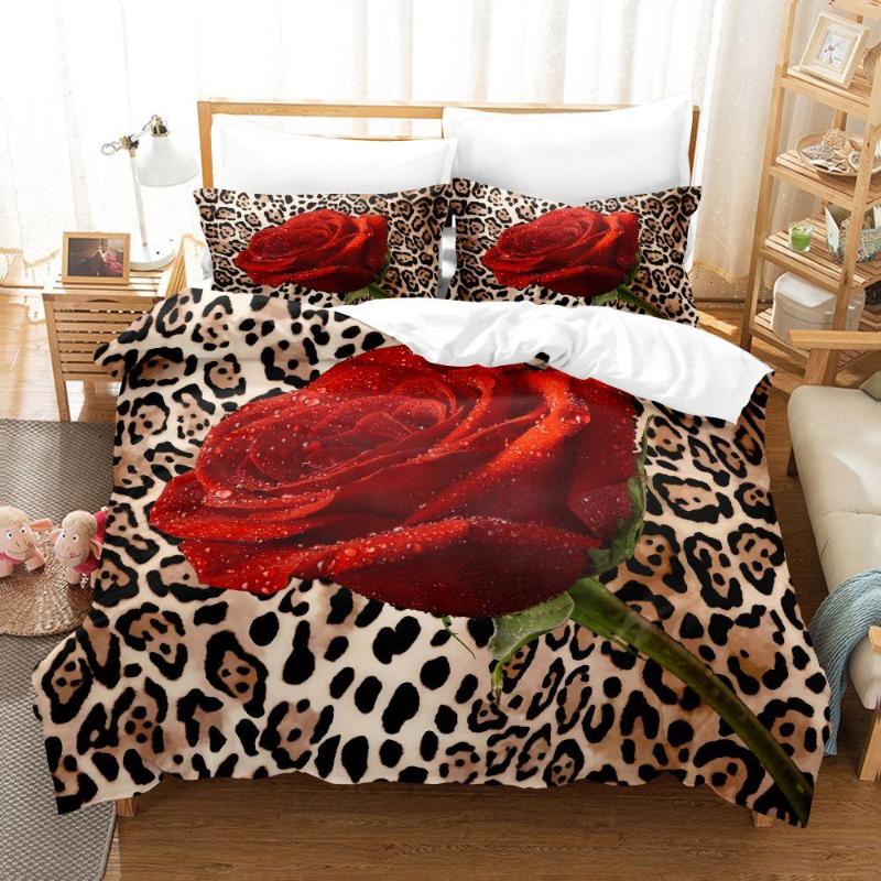 Постилочные наборы Red Rose Leopard Set Luxury Comforter Pillowcass Пара свадебная близнеца королева короля романтическое одеяло