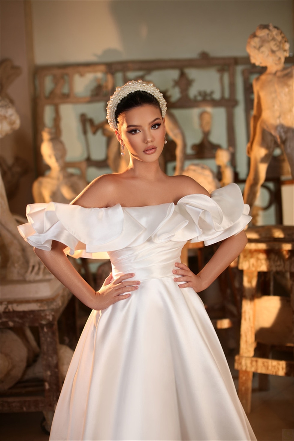 Abiti da sposa Princess Soft Satin A Line Fiori Ruffles Off Shoulder Mariage Abiti da sposa Vestido de noiva