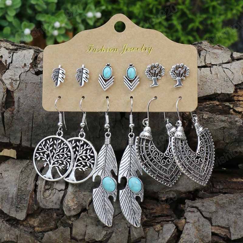 Bohem Earrigs Set 6 FAARS Vintage Etnik Aşk Baykuş Yaprağı Düğün Suyu Damla Dangle Küpeler Kadınlar için Boho Moda Takı