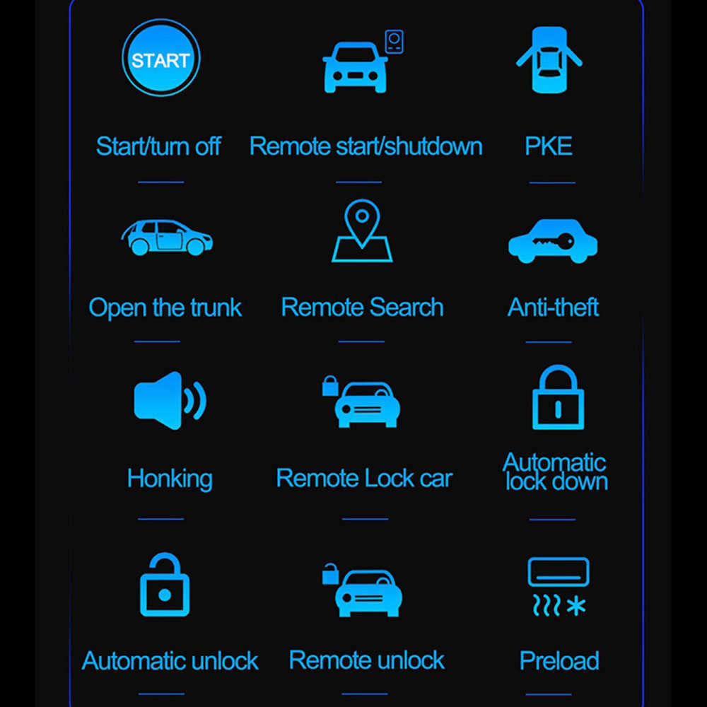 Ny bilfjärrkontroll Stopp Kit Bluetooth Mobiltelefon Appstyrmotor Tändning Öppen stam PKE Keyless Entry Car Alarm