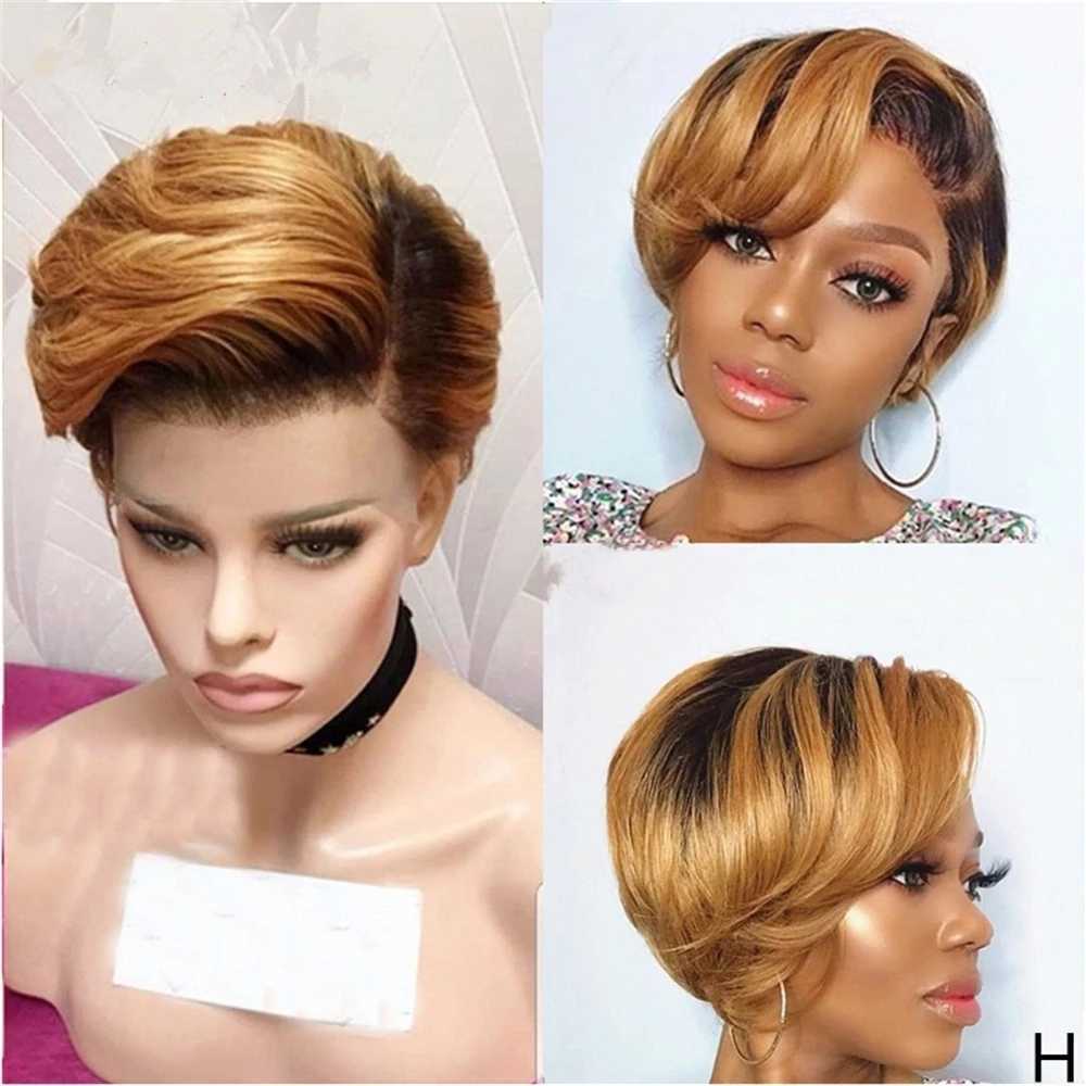 Perruques Synthétiques 2-5-Droite Coupe Pixie Perruque Cheveux Humains Ombre Blonde Colorée 100% pour Femmes t Partie Dentelle Transparente Jarin 230227