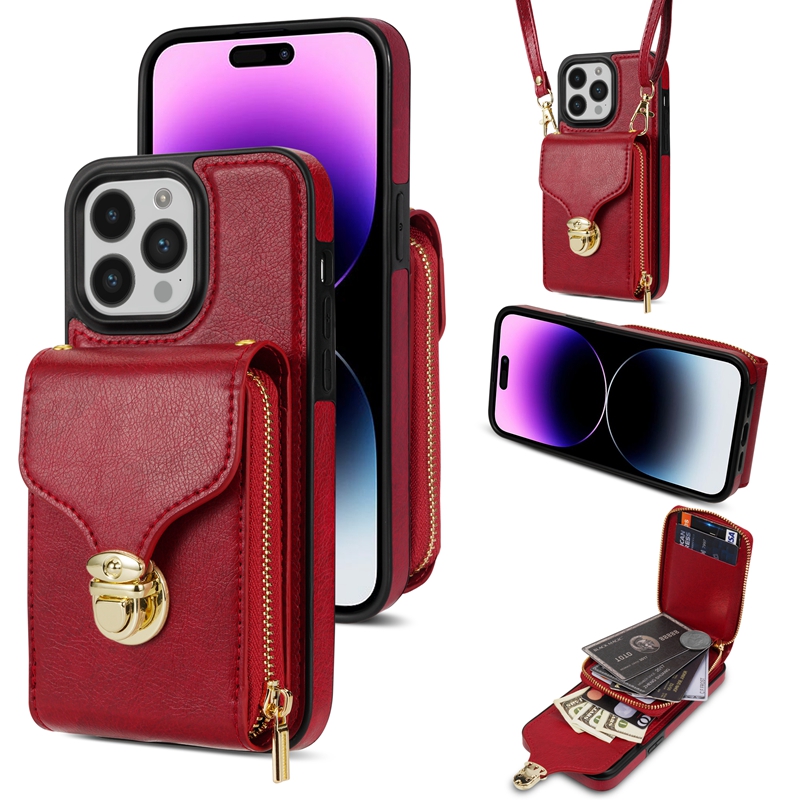 Étuis portefeuille en cuir PU multifonctions pour Iphone 14 Pro Max Plus 13 12 11 X XS XR 8 7 6 Plus Pochette à fermeture éclair Filles Lady Soft Couverture arrière en TPU avec bandoulière