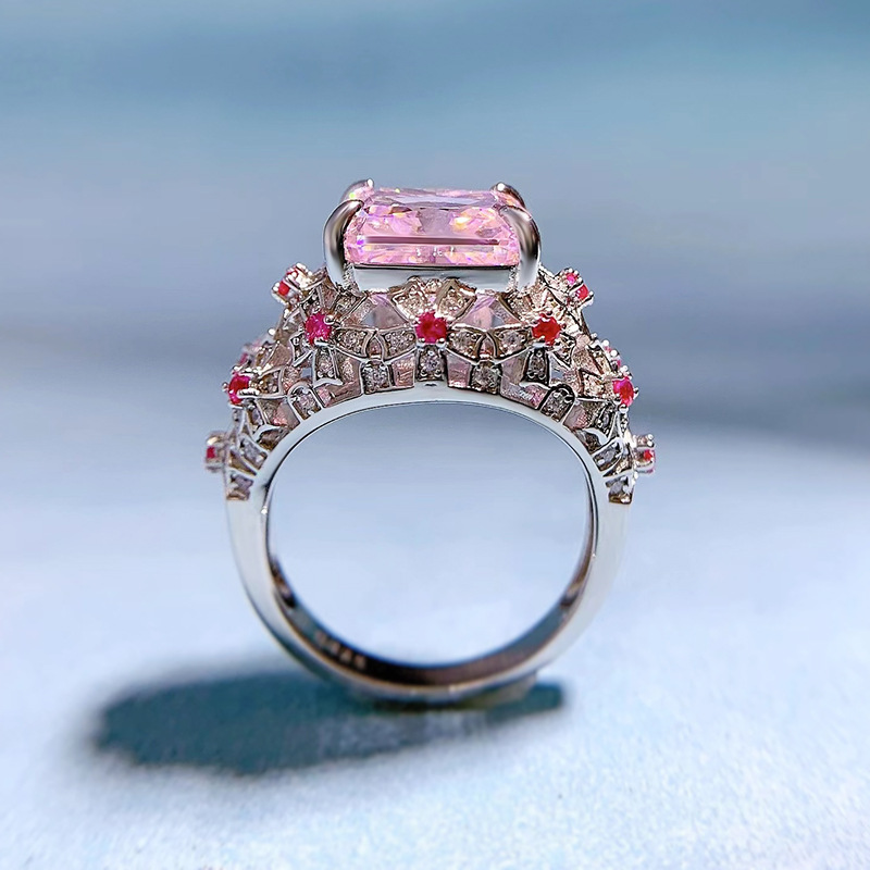 Anello vintage con diamante rosa da 10 mm Anello in argento sterling 925 reale al 100% Anelli fedi nuziali le donne Regalo di gioielli di fidanzamento nuziale