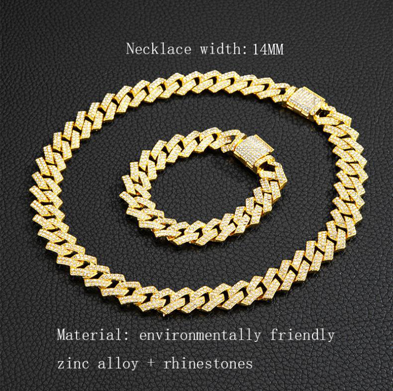 Men Iced Out Miami Cuban 18K Gold Plated Bling Crystal Diamond 14MM Cuban Link Chain Hip Hop Punk Men Elegant Fashion Chain Necklaces Jewelry
