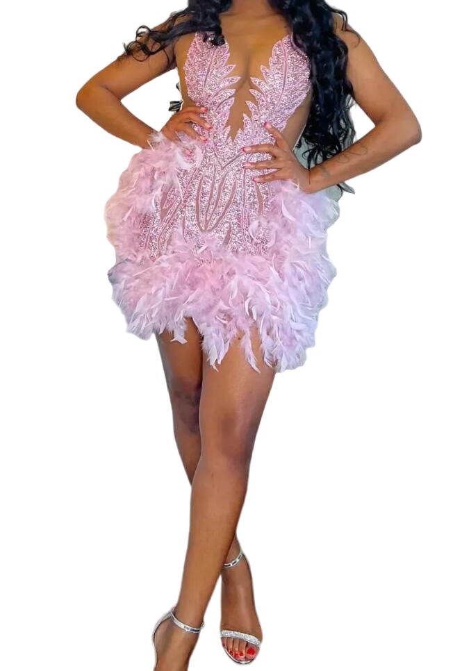 Vestidos de Graduacion Pink Feathers Black Girlsのためのイブニングドレススパンコナ