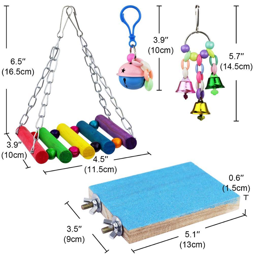 Suprimentos papagaio balanço brinquedos pendurado sino gaiola rede brinquedo para mascar pássaro pequenos periquitos calopsitas conures papagaios amor pássaros 8 pçs