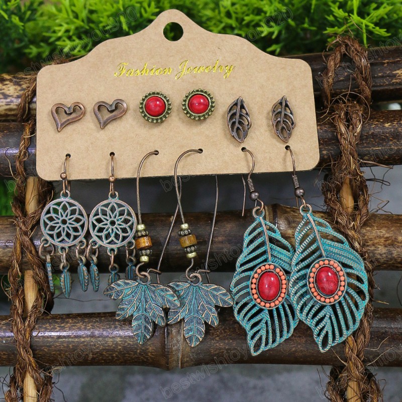 6 Paar Damen Vintage Türkis Ohrringe Set Böhmen Blatt Geometrie Quaste Ohrringe Boho Lange Ethno Stil Schmuck