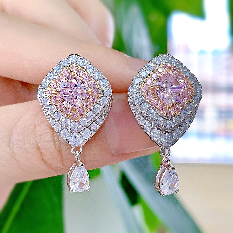 Valuable Pink Diamond Dangle Earring 100% Real 925 sterling silver Wedding Drop Earrings for Women Bridal Promise Jewelry Gift