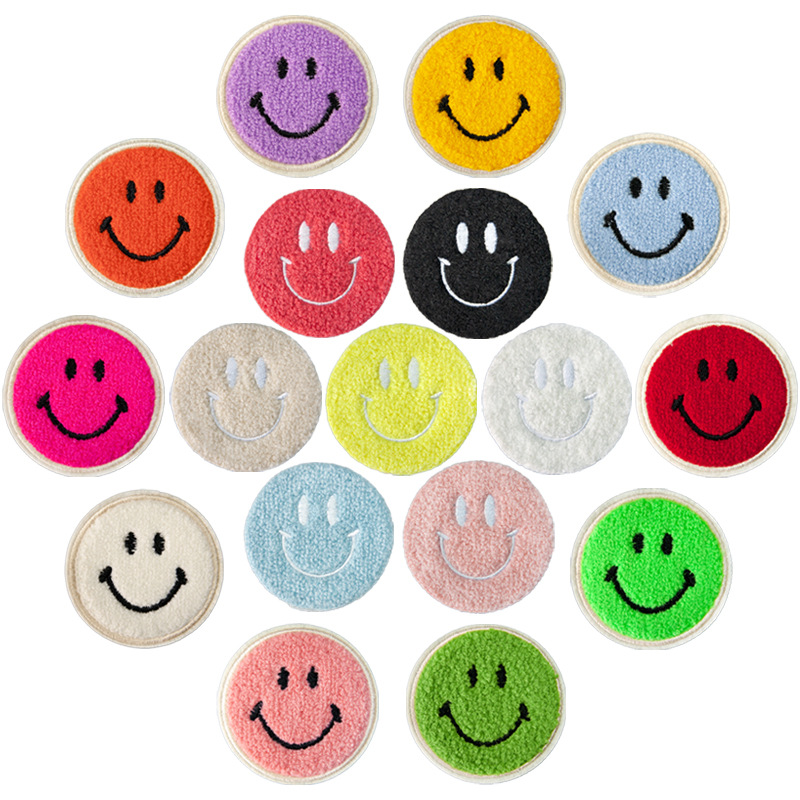 Notions 16 Pcs Smile Face Patch Cute Iron on Patches 2.8 Inch Chenille Preppy Happy Face Embroidery Applique for Backpacks Hats Clothes Jackets Decorative DIY Craft