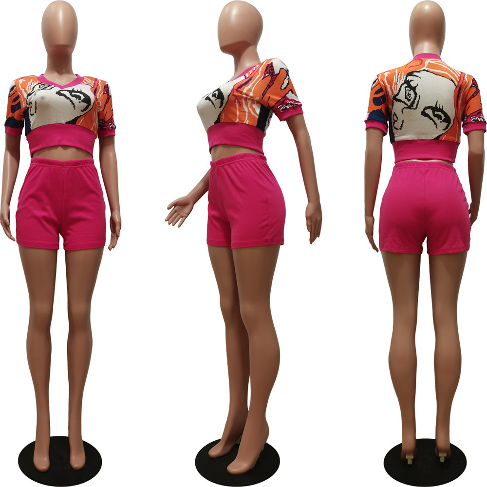 新しいデザイナーニットトラックスーツ夏の衣装女性2つの2つのピースセット半袖Vネッククロップトップとショートパンツプリントスウェットスーツ編み卸売服9813