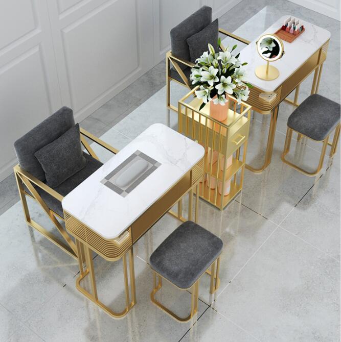アイアンアートネイルアートテーブルと椅子セット強化ガラスカウンタートップシングルダブルトリプル