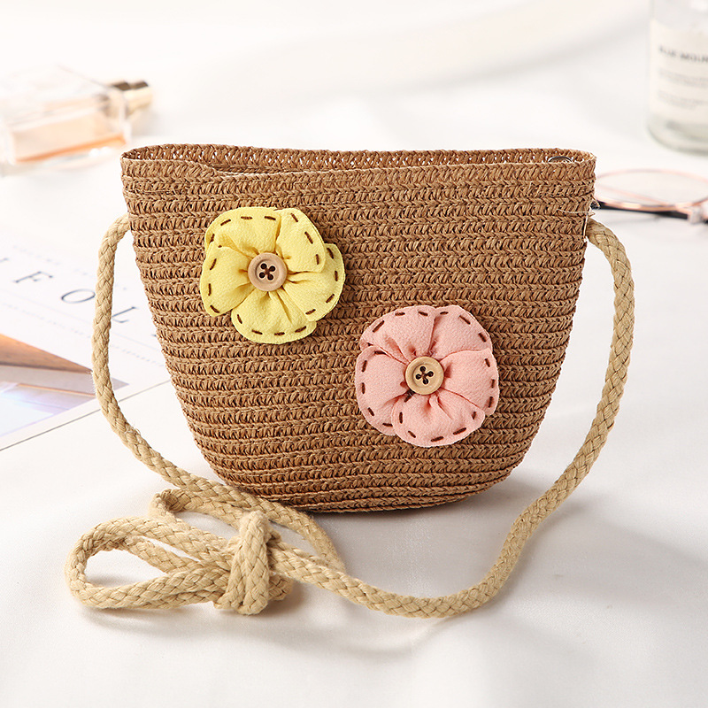 Children's Bag Cute and Fashionable Textile Bucket Bag Mini Grass Woven Bag Girl Baby Lightweight One Shoulder Crossbody Bag