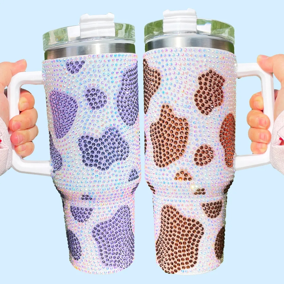 40oz mokken koude strass koe print tumbler volledige wrap chocolade melk koeprint koffie mok glitter tumbler met deksel en rietjes n256e