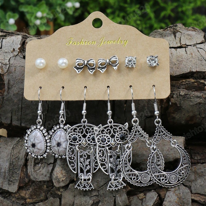 Bohem Earrigs Set 6 FAARS Vintage Etnik Aşk Baykuş Yaprağı Düğün Suyu Damla Dangle Küpeler Kadınlar için Boho Moda Takı