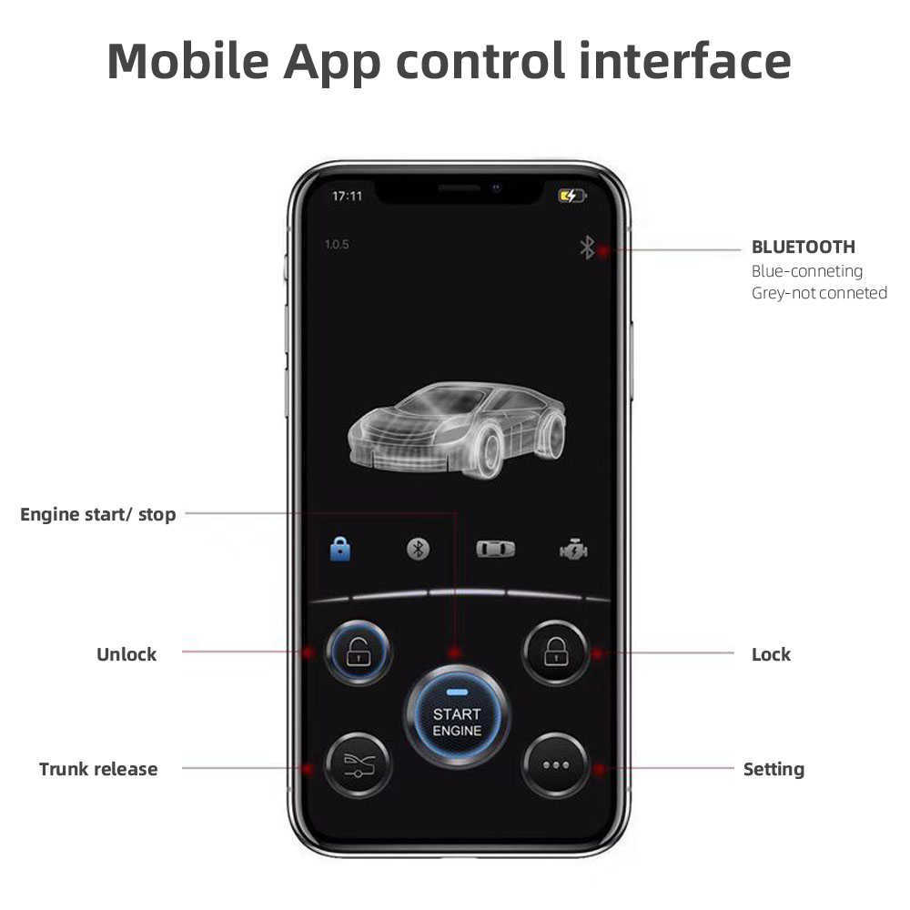 새로운 차 원격 시작 정지 키트 Bluetooth 휴대폰 앱 제어 엔진 점화 열기 트렁크 PKE 키리스 엔트리 카 알람