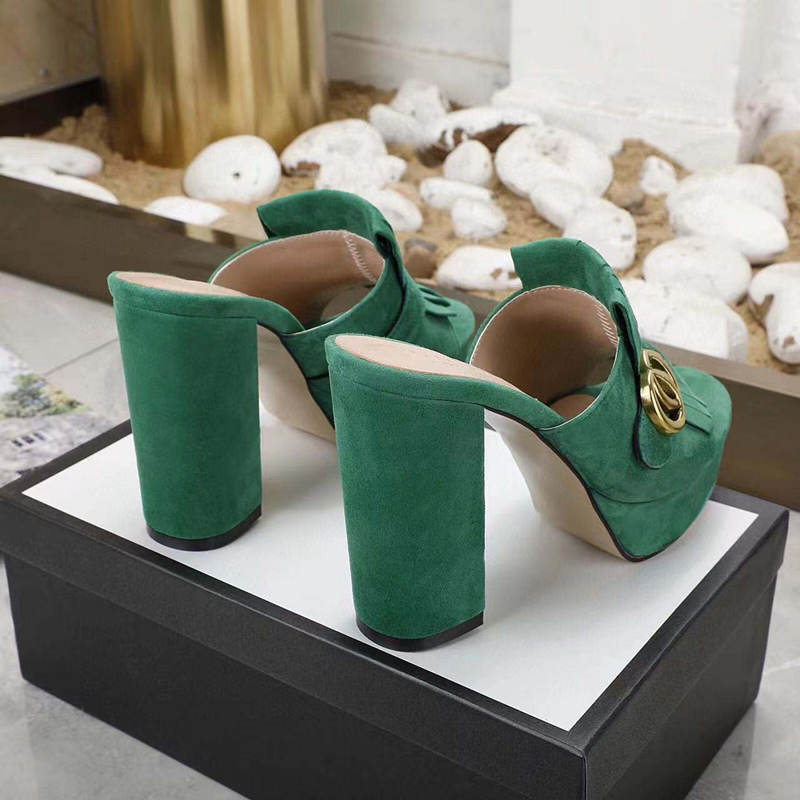 Designer Women's High Heel Slippers Leather Platform Sexy Banquet Summer Chunky Heel Sandals 11.5cm with Box 35-42